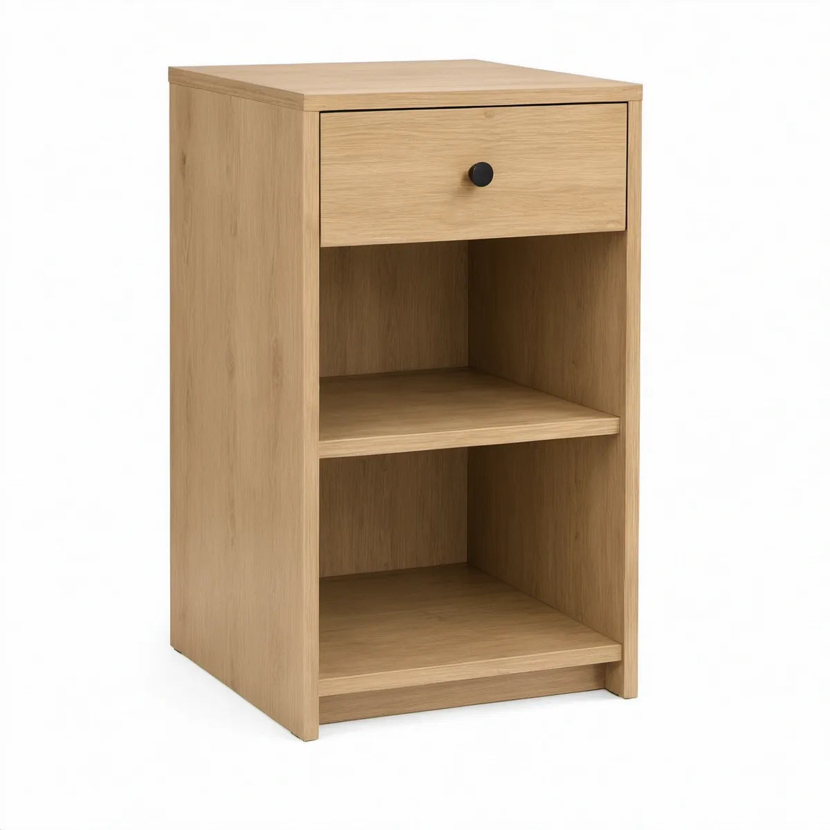 Oak Nightstand with Drawer and 2 Open Shelves, 16 x 16 x 26 in