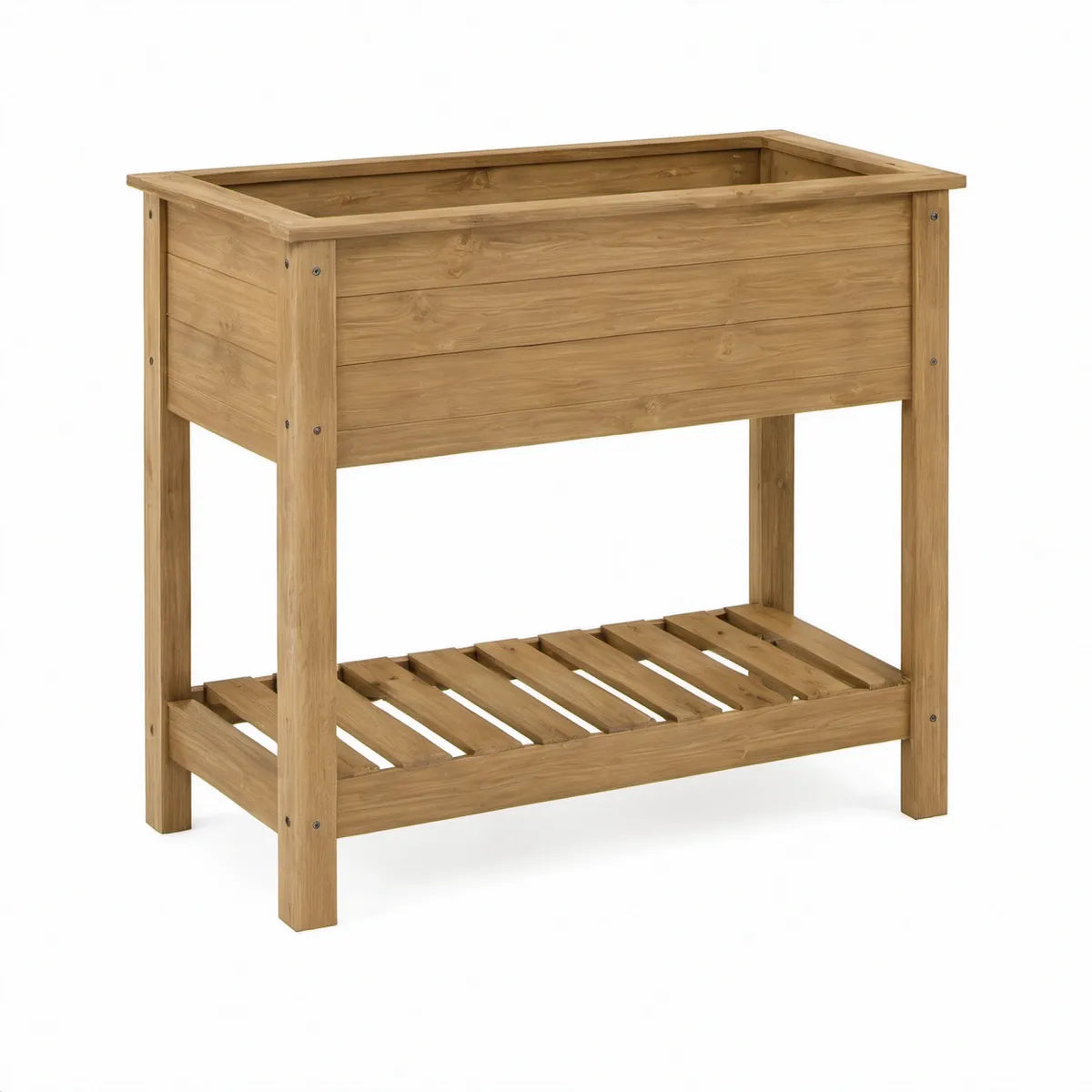 Natural Brown Solid Fir Wood Raised Garden Planter with Lower Shelf, 36 x 18 x 36 in