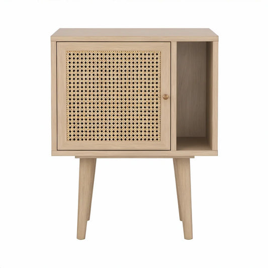 Natural Oak Rattan Door Nightstand with Open Shelf, 18 W x 15 D x 26 H in