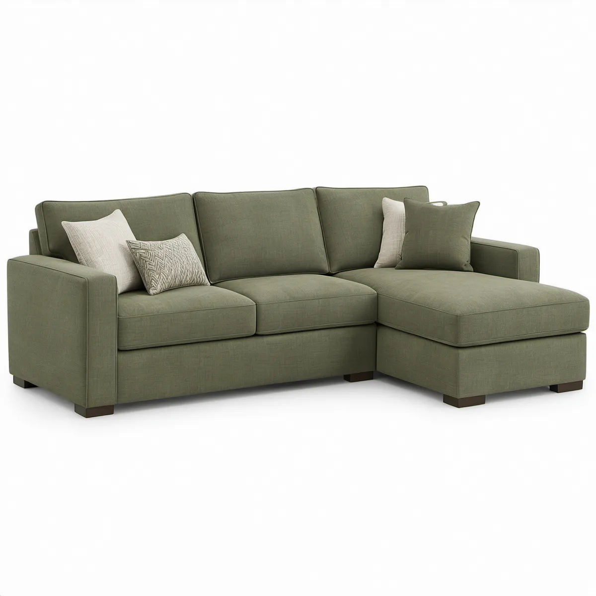Right-Facing L-Shaped Sectional Sofa, 96 x 65 x 35 in., Olive Green with Dark Brown Legs