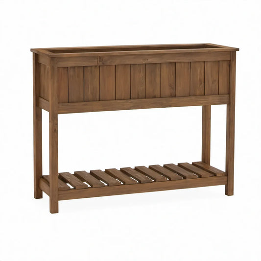 Raised Solid Fir Wood Planter with Lower Storage Shelf, 48 x 18 x 36 in, Brown