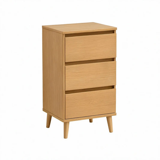 3-Drawer Nightstand, 18 x 14 x 27.5 in, Natural Oak MDF Veneer with Rubberwood Legs