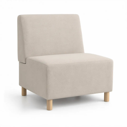Armless Modular Upholstered Chair, Cream Polyester, Natural Wood Legs, 31.5 x 34.3 x 34.6 in