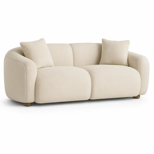 Ivory Curved 2-Seat Boucle Sofa with Brown Rubberwood Legs, 86 x 38 x 31 in